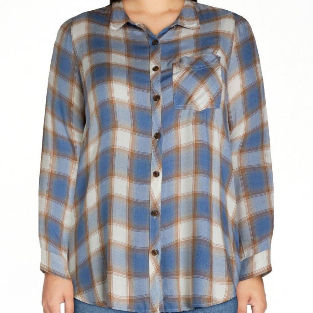 Terra & Sky Women's Plus Button Down Shirt Plaid Long Sleeve Size 2X Blue - Picture 2 of 11